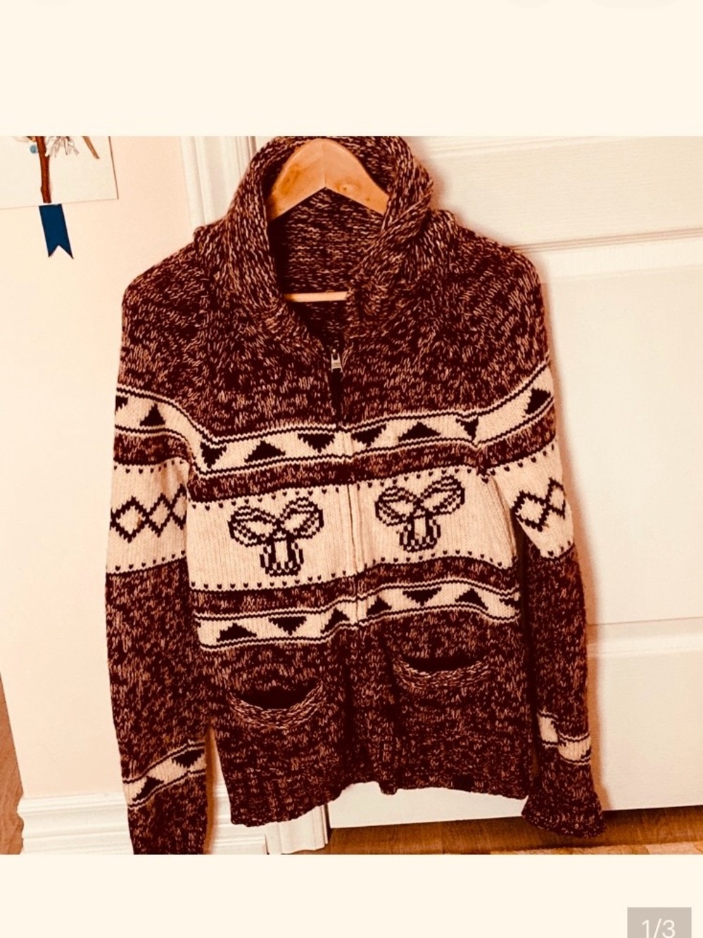 Cozy Shawl Collar Zip Cardigan Sweater - maroon & Cream